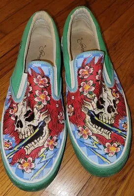 ED HARDY Skulls Women’s Size 10 Slip On Sneakers Skateboard Shoes Don Hardy • £30.84