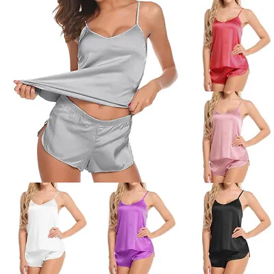 Women Satin Silk Pyjamas Set Cami Vest Shorts Set Lingerie Sleepwear Nightwear • £5.15