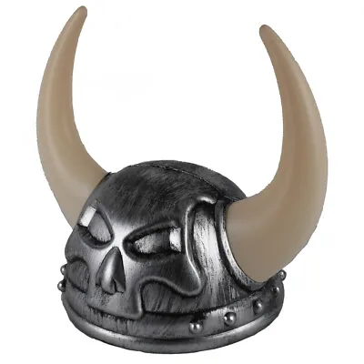 Adult Plastic Nordic Warrior SILVER Viking Helmet Costume Hat With Skull & Horns • $16.99