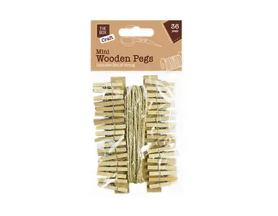 36 X Mini Wooden Pegs + 2m Of Jute String Craft Wedding Hanging Photo Clips • £2.99