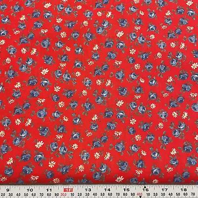 Vintage Blue Florals & Daisies On Red Cotton Blend Fabric By The HALF YARD • $6