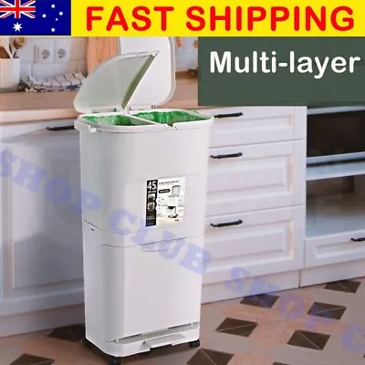 45L Kitchen Bin Waste Sorting Trash Bins 3 Lid Garbage Recycling With Wheels • $55