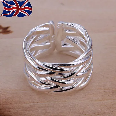 925 Sterling Silver Adjustable Ring Band Weave Thumb Finger Rings Gift UK • £3.69