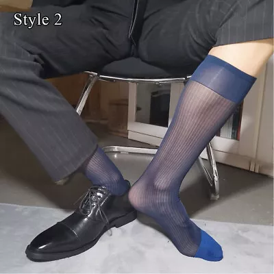 Men Ultra Thin Dress Socks Silk Sheer Mid Calf Business Sock Soft Nylon Striped♪ • $3.99