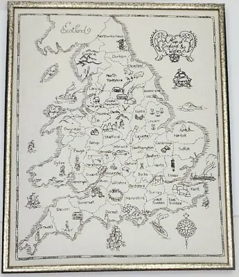 Vintage Framed  Hand Stitched Map Of England And Wales  20.5  X 16.5  • $27.97