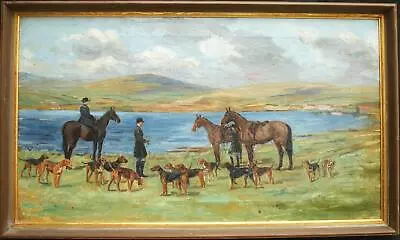 £0.99 • Buy LARGE Early 20thC HUNTING SCENE With DOGS In LAKESIDE L/S  Antique Oil Painting