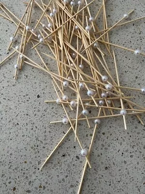 100PCS Bamboo Cocktail Picks With Pearl Tip Party BBQ Sandwich Fruit Sticks • £6.80