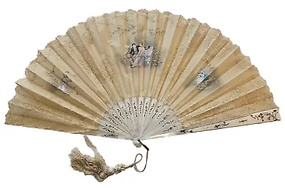 19th Cent LARGE Belgian Lace Hand Painted Fan Mother Of Pearl Sticks/opens 25.5  • $120