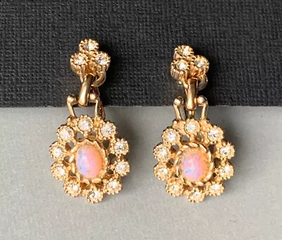 Vintage FAUX FIRE OPAL ART GLASS RHINESTONE CLUSTER DANGLE EARRINGS Screw Backs • $15.96