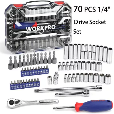 WORKPRO 70Piece 1/4 Drive Socket Set Quick-Release Ratchet Socket SAE METRIC SET • $40.99