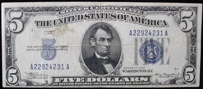 1934 $5 Us Silver Certificate - F • $16.65