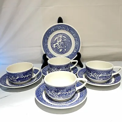 Vintage Set Of 4 Blue Willow Flat Cups And 4 Saucers Royal USA W/ 1 Plate • $24.99