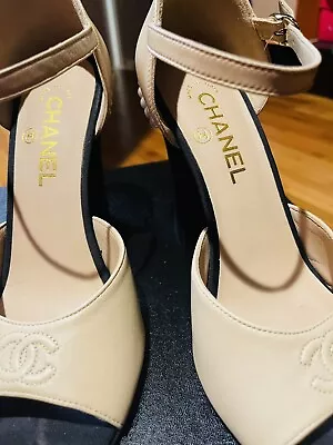 CHANEL Black& Beige Women Pump Heel With Pearls • $590
