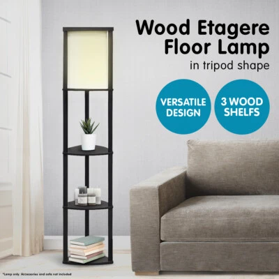 $79 • Buy Sarantino Wood Etagere Floor Lamp In Tripod Shape 3 Wooden Shelves