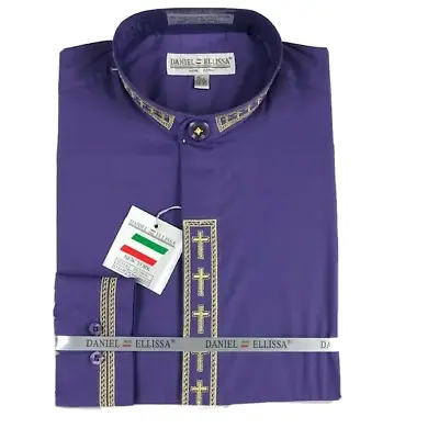 Daniel Ellissa Men's Clergy Shirt Purple Gold Cross Embroidery Convertible Cuffs • $33.99