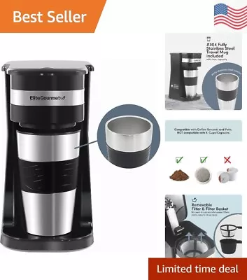 Compact 14oz. Stainless Steel Travel Mug - Brew Coffee Grounds Or K-Cup Pods • $44.99