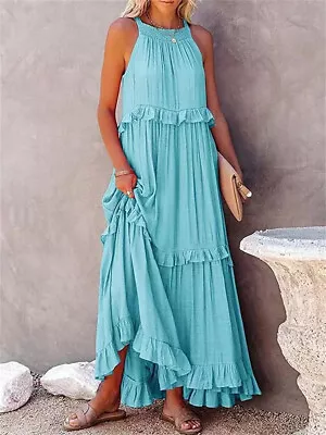 Womens Summer Camisole Ruffle Loose Long Dress Ladies Holiday Beach Casual Dress • £13.39