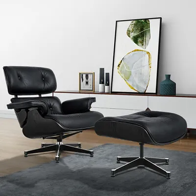 Classic Lounge Chair With Ottoman Stool Genuine Leather Ebony Ash Black • £639