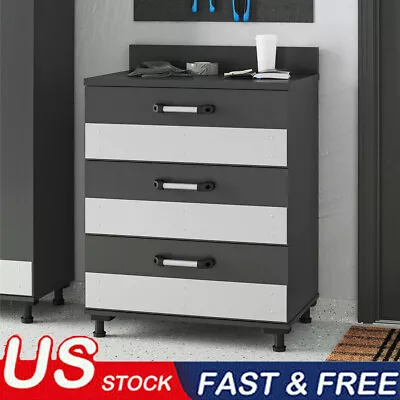 3 Drawer Storage Cabinet Adjustable Feet Durable MDF Prevent Tipping Garage Gray • $189