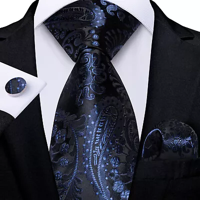 UK Mens Necktie Black Gold Paisley Silk Tie Set Pocket Square Cufflinks Wedding • £10.59