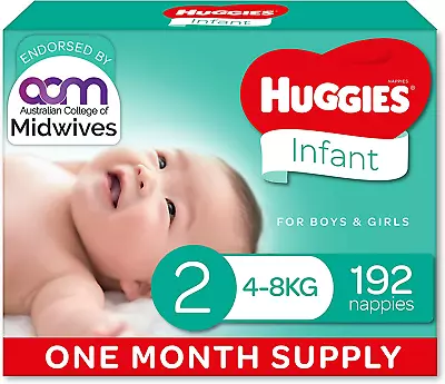 Huggies Infant Nappies Size 2 (4-8Kg) 1 Month Supply 192 Count • $87.66