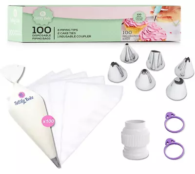 Disposable Piping Icing Bags Cake Decorating 100 Pc Includes Nozzle Ties Coupler • £3.05