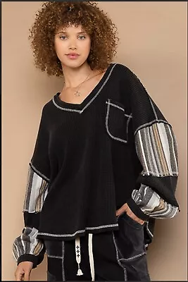 POL Women's V-Neck Exposed Stitch Oversized Top Relaxed Fit Waffle Knit Shirt • $59