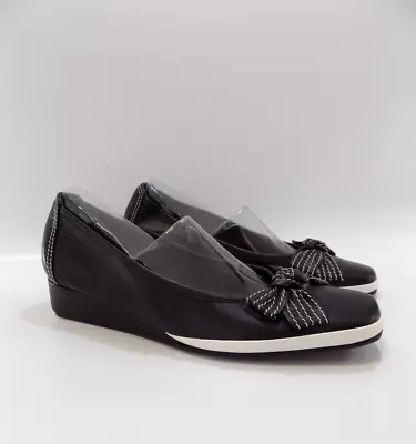 Black Leather Shoes Van Dal Size 4 Wide Fit Womens Flat Low Wedge Heel Bow Court • £24.95