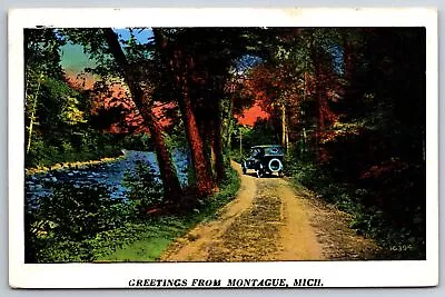 Greetings From Montague Michigan~Automobile On Road Scene~PM 1907~Vtg Postcard • $3.70