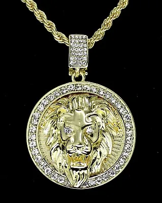 Mighty Lion Mens Iced Cz Round Pendant 24  Chain 14k Gold Plated Hip Hop Jewelry • $9.95