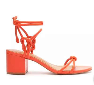 Schutz Nicky Mid Nappa Flame Orange Strappy Leather Sandal Heels Size 6B • $48.99