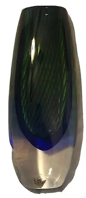 Kosta Vicke Lindstrand Vase 8-1/8  Signed Label Blue Green Art Glass Sweden 1590 • $399.98