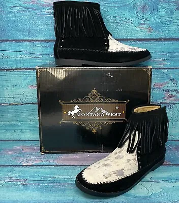 MONTANA WEST Black White Tassel Cowhide Micro Suede Ankle Boots Women's Size 10 • $72.52