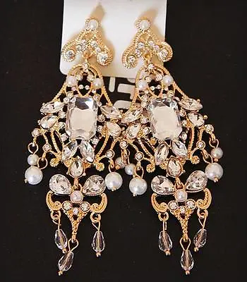 Vintage Gold Bridal Earrings Retro Crystal Chandelier Earrings Wedding Jewelry • £8.69