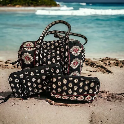 VERA BRADLEY Black Red Medallion Travel Sm Tote 3 Pc Set Wristlet Cosmetic Bag • $25.99