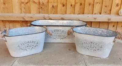 3 X Vintage Galvanised Trough Oval Planter Metal Garden Flower Tub Pot Bucket • £35.99