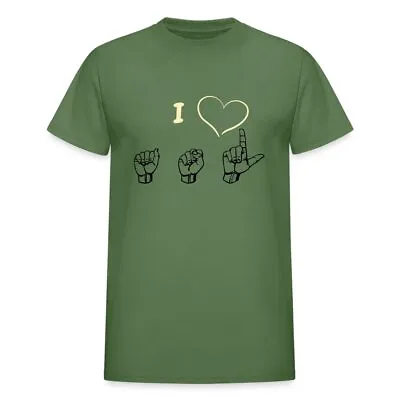  I LOVE ASL  Manual Sign Language Adult T-Shirt Green Gildan Ultra Cotton Unisex • $24.20