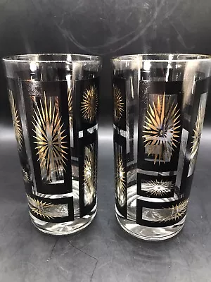 2 Vintage Black & Gold Atomic Starburst Mid Century Modern Tumblers Glass • $24.99