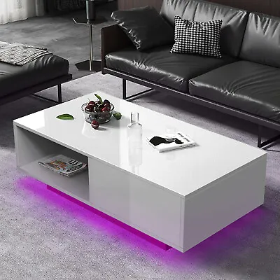 $129.99 • Buy 33.46  High Gloss White Coffee Table 16 Color LED Light With Storage, Drawer