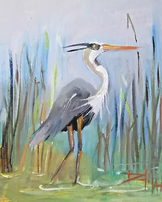 Delilah Impressionist Oil Painting Original Collectible Heron Marsh Bird • $19.99