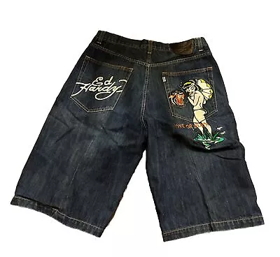 Ed Hardy By Christian Audigier Jean Shorts Size 38 Love Or Death Bikini Girl • $89