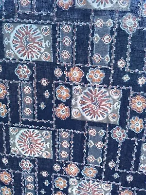 Fabric Vintage 45x75  Geometric & Floral Stiff Thin Cotton?  Blue Brown • $13