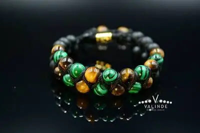 Men's Tiger's Eye Malachite Onyx Double Row Gemstone Bracelet Macrame  • $35