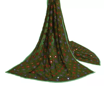 Sushila Vintage Green Dupatta Pure Georgette Phulkari Embroidered Long Stole • $32.19