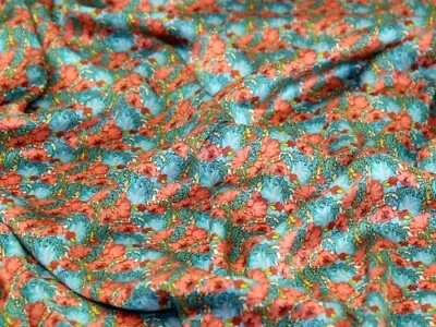 Liberty London Clementina Belgravia Silk Satin Fabric Coral & Aqua - Per Metre • £53.99