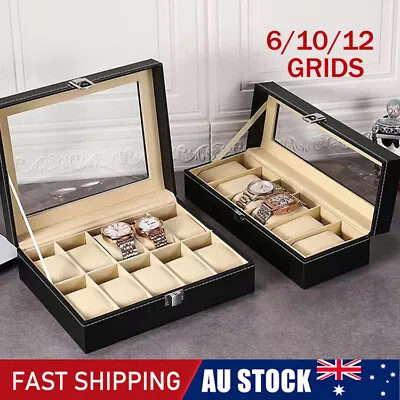 6/10/12 Grids Leather Watch Box Organizer Case Jewelry Display Storage Showcase • $18.95