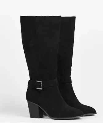 LADIES SIZE 9 EEE Black Evans Kisses Knee High Faux Suede Mid Block Heel Boots • £62.99