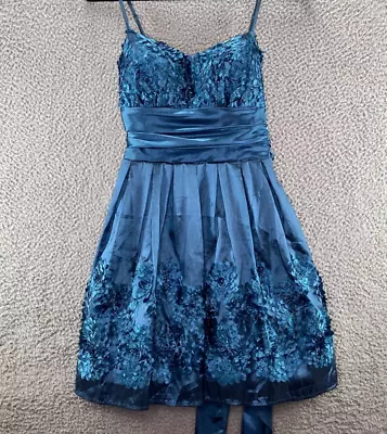 B Smart Dress Women's Size 5/6 Metallic Blue Fit Flare Floral 3D Sweetheart Sash • $17