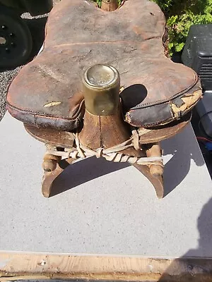 Antique Egyptian Camel Saddle Studded Wood Leather Seat Foot Stool Brass Mahawi • $225