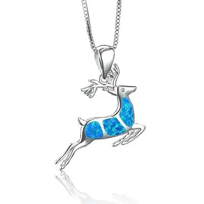 Blue Opal Deer Elk Pendant Necklace Silver Color 16  Chain Animal Antlers Buck • $8.95